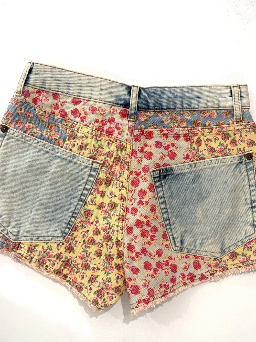 Farm Rio Floral Patchwork Denim Women’s Shorts - Yellow/Pink/Blue - Picture 4 of 11